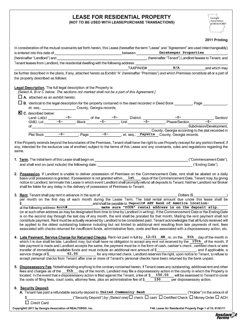 Lease for Residential Property Georgia Form