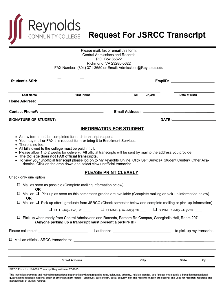 Get and Sign J Sargeant Reynolds Transcript Request 2015-2022 Form