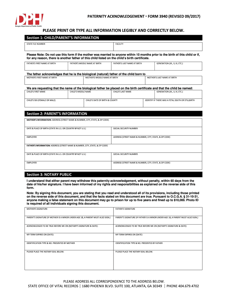  PATERNITY ACKNOWLEDGEMENT FORM 3940 REVISED 09 2018