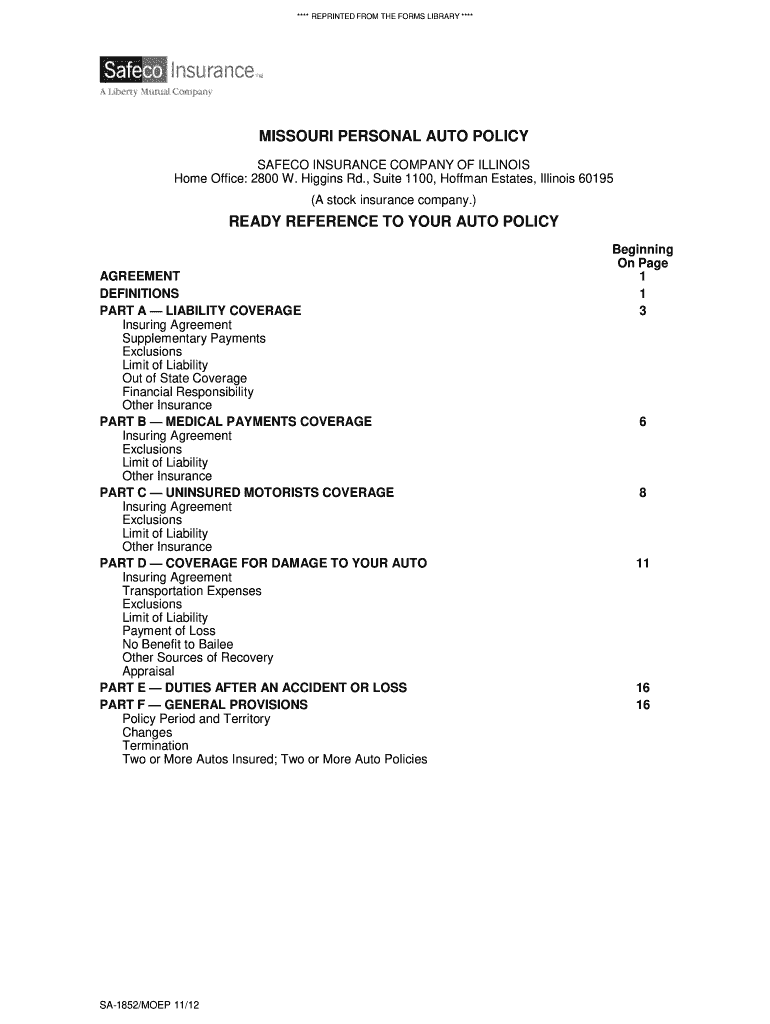 Fillable Missouri Personal Auto Policy Ready Reference to Your Auto Policy  Form