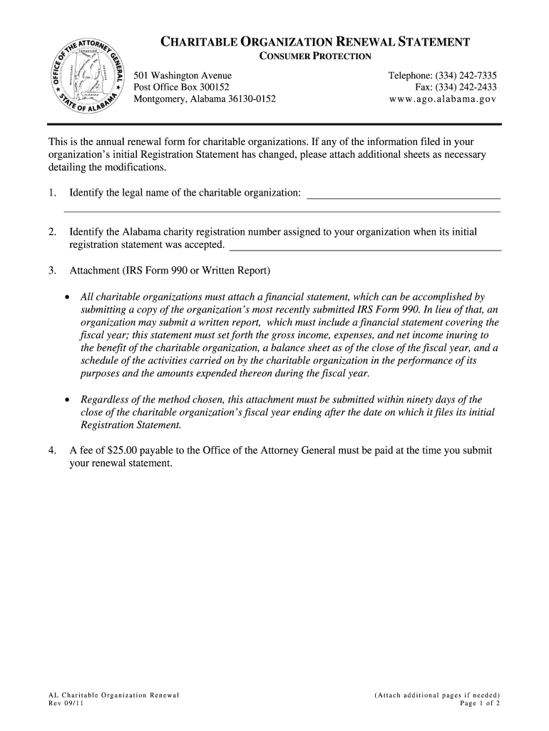  Charitable Organization Renewal Form Ago Alabama 2011