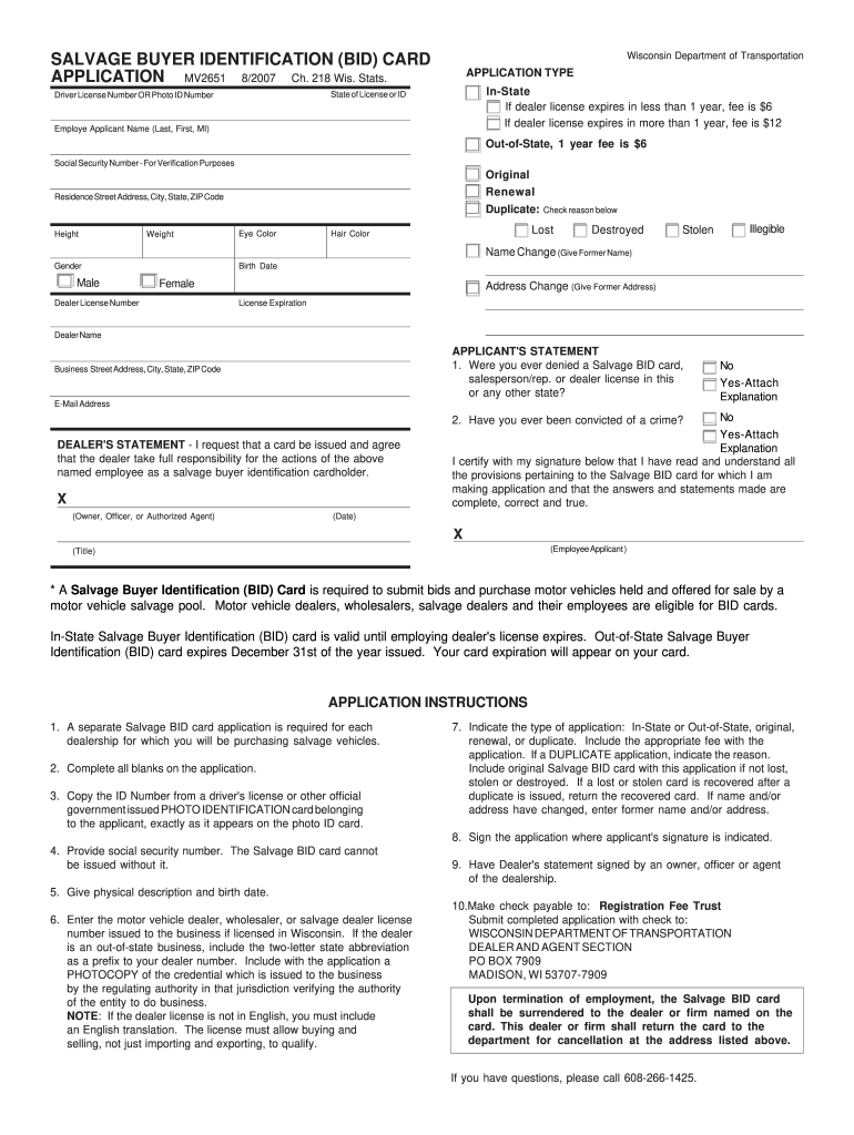  Wisconsin Bid Card Form 2007