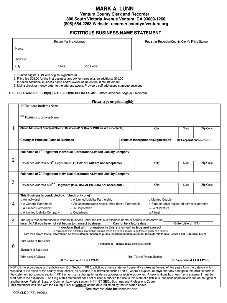  Fictitious Business Name Filing Ventura County Form Fill 2013