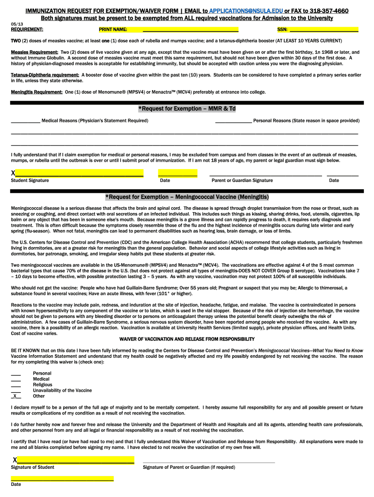  Immunization Request Waiver 2013-2024