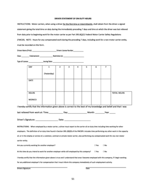 Driver&#039;s Statement of on Duty Hours PDF  Form