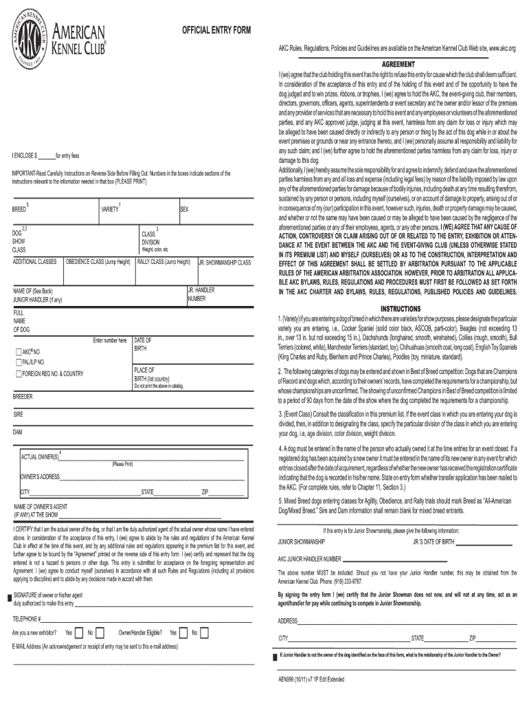  Official Entry Form American Kennel Club 2011-2024