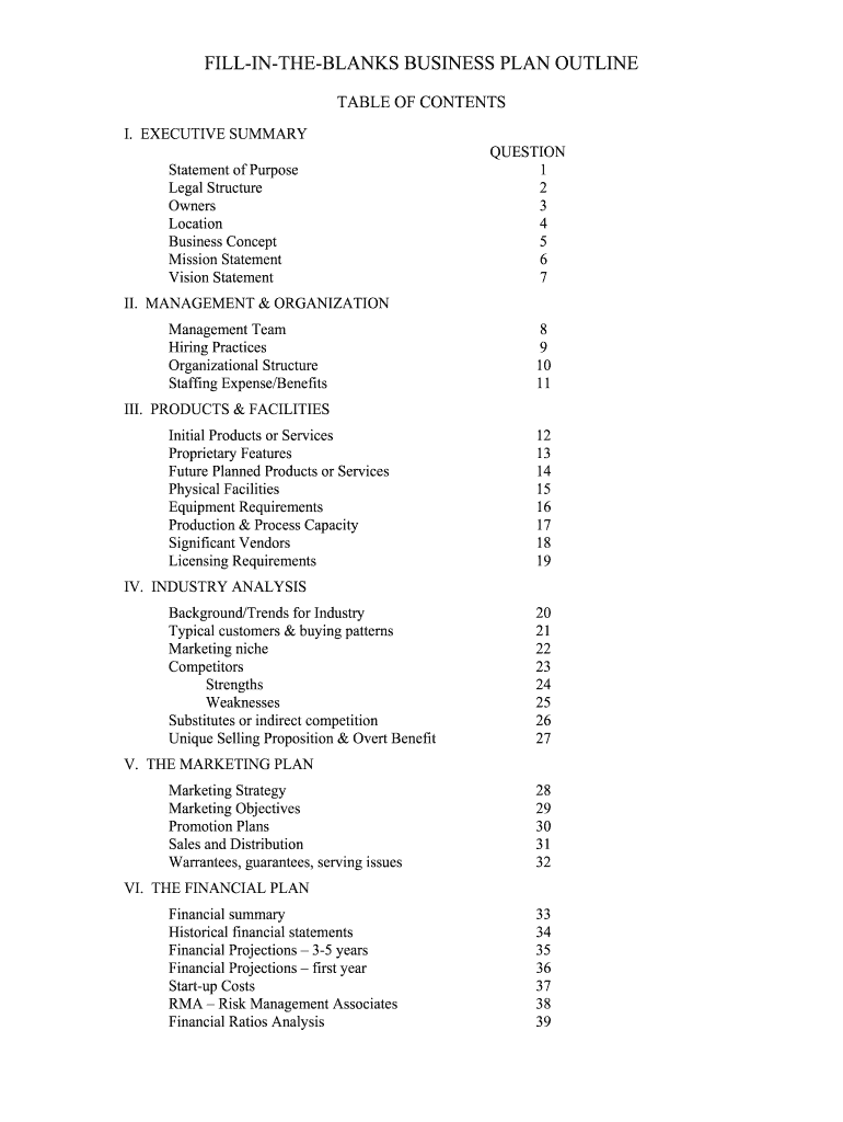 Fill in the Blank Business Plan  Form