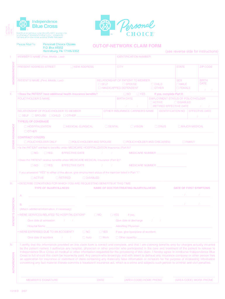  Personal Choice Out of Network Claim Form 2007-2023