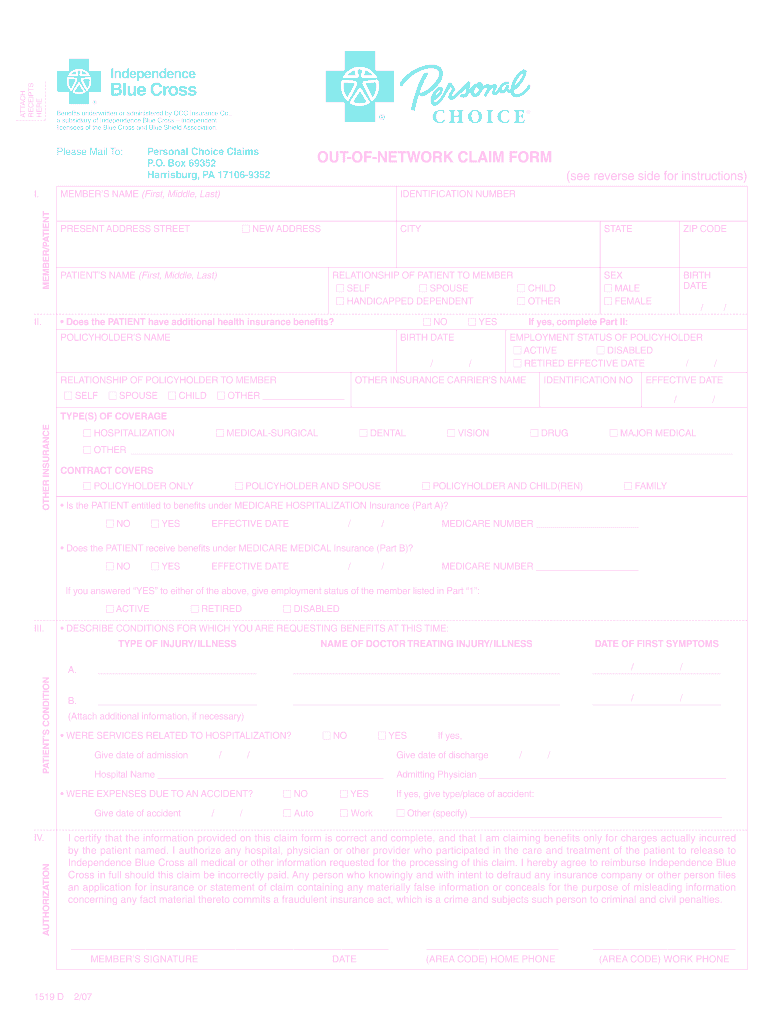  Personal Choice Out of Network Claim Form 2007-2024