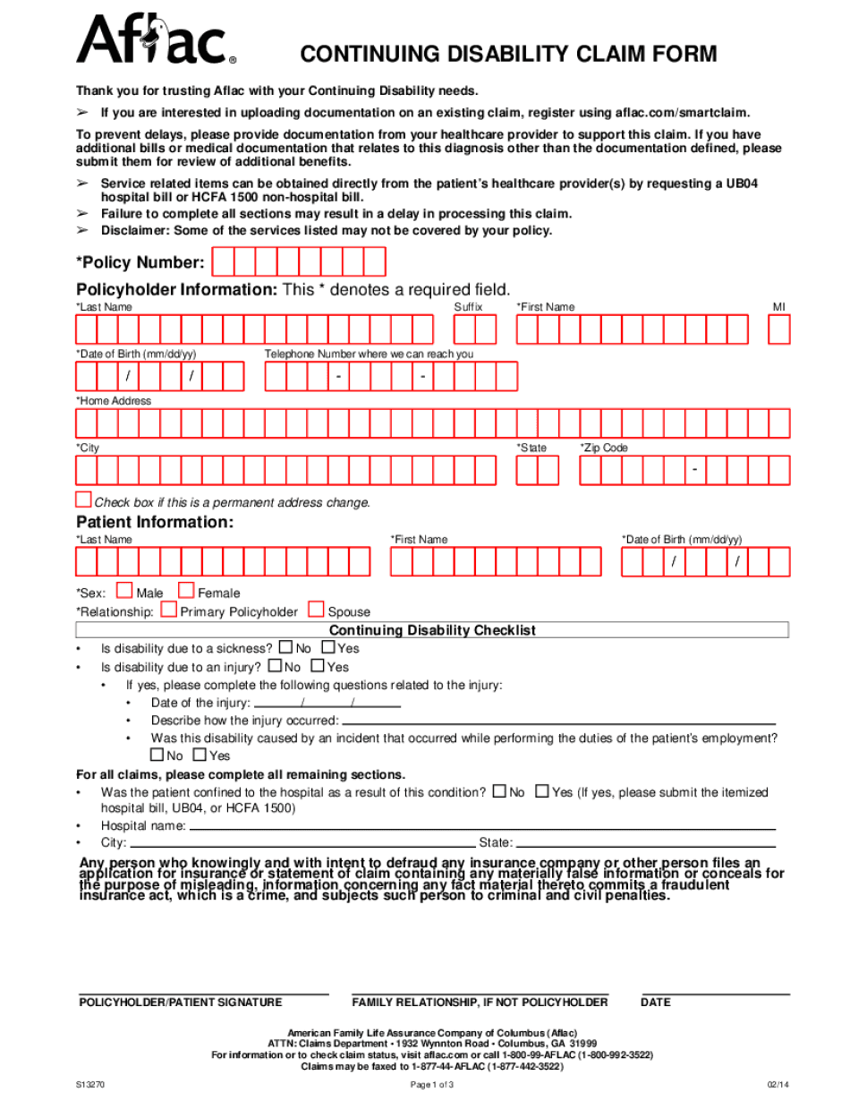  New Claim Form PDFs for WEB S13270 Aflac 2014-2024