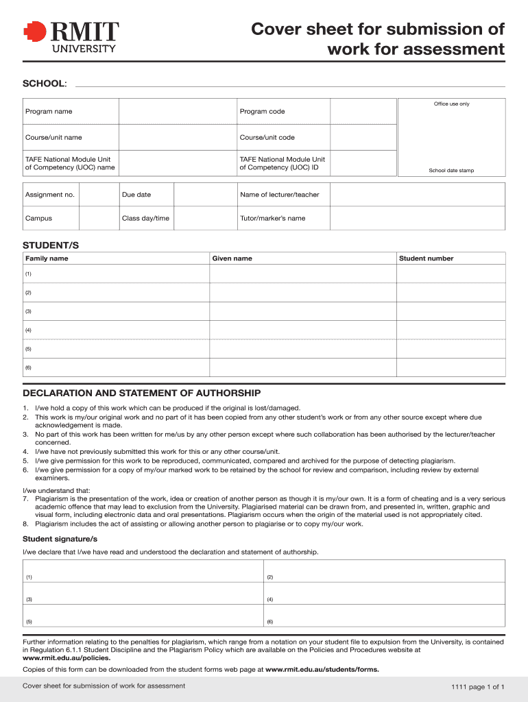 Rmit Assessment Cover Sheet  Form: get and sign the form in seconds