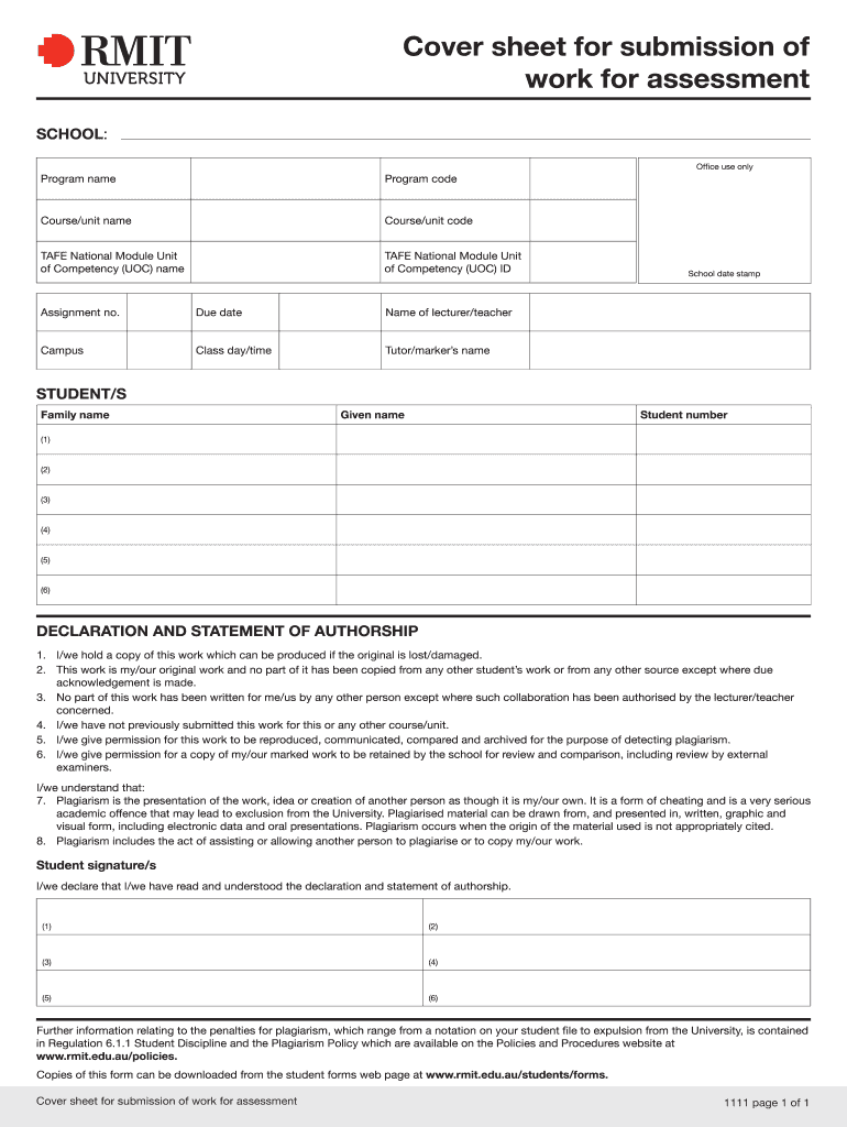 Rmit Assessment Cover Sheet  Form