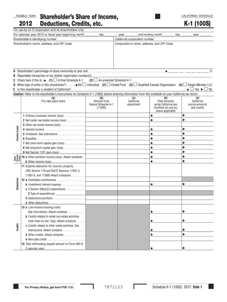  Online Ftb State of Ca Schedule K 1 for S Corp Form 2019