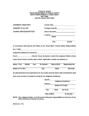 And Judgment Creditors Consent to Allow License and Registration Form Sr 84