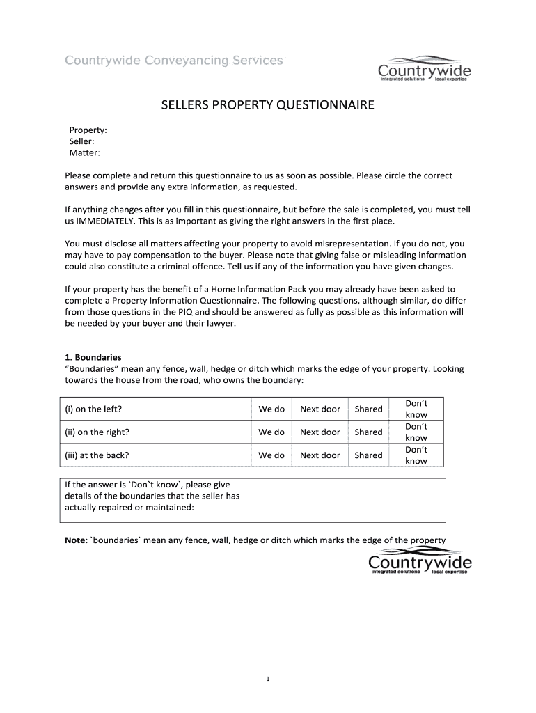 Sellers Property Questionnaire  Form