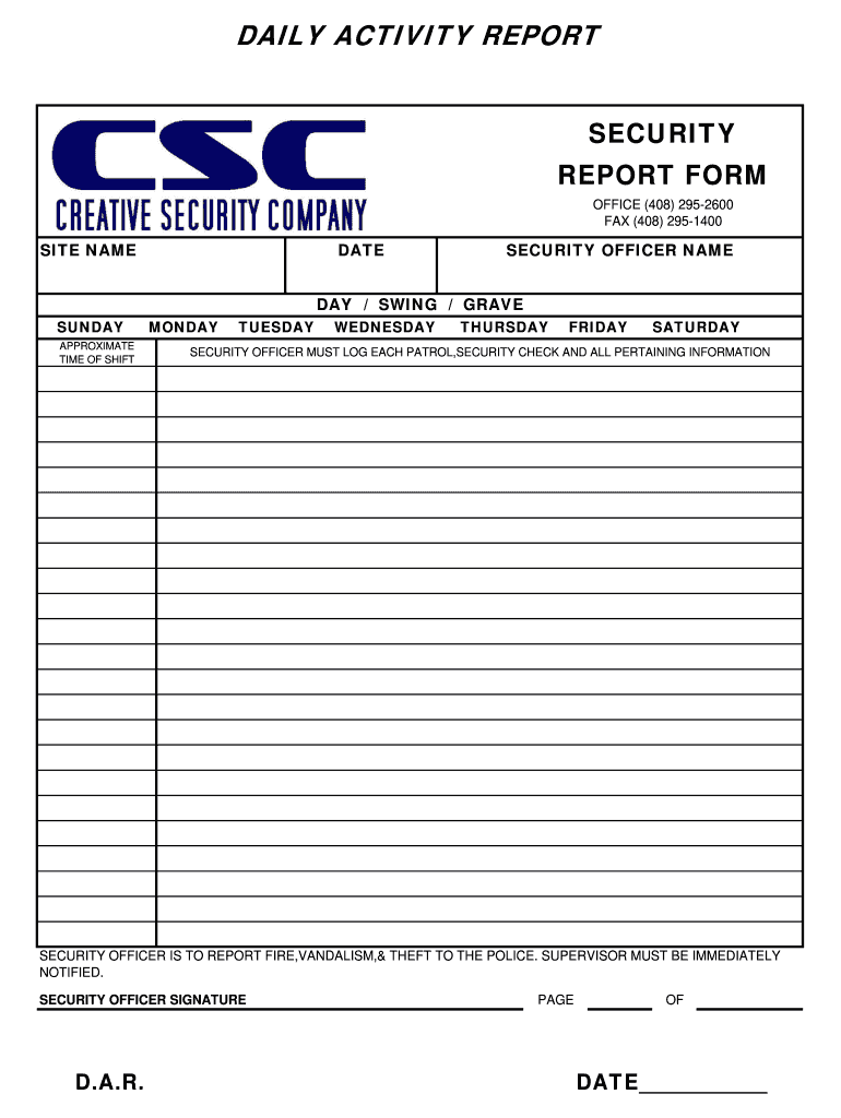 Security Guard Daily Report Sample  Form