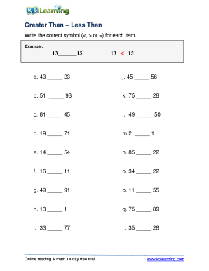 Greater Than Less Than Worksheets for Grade 1 PDF  Form