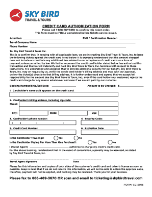 Skybird Credit Card Authorization Form