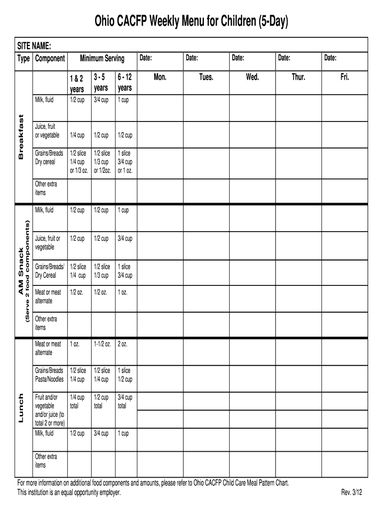 Cacfp Menu Template  Form