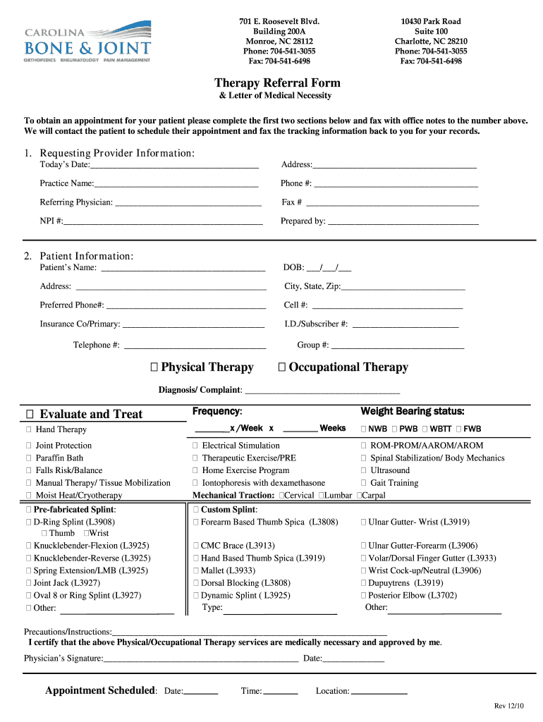 Physical Therapy Referral Form Carolina Bone and Joint