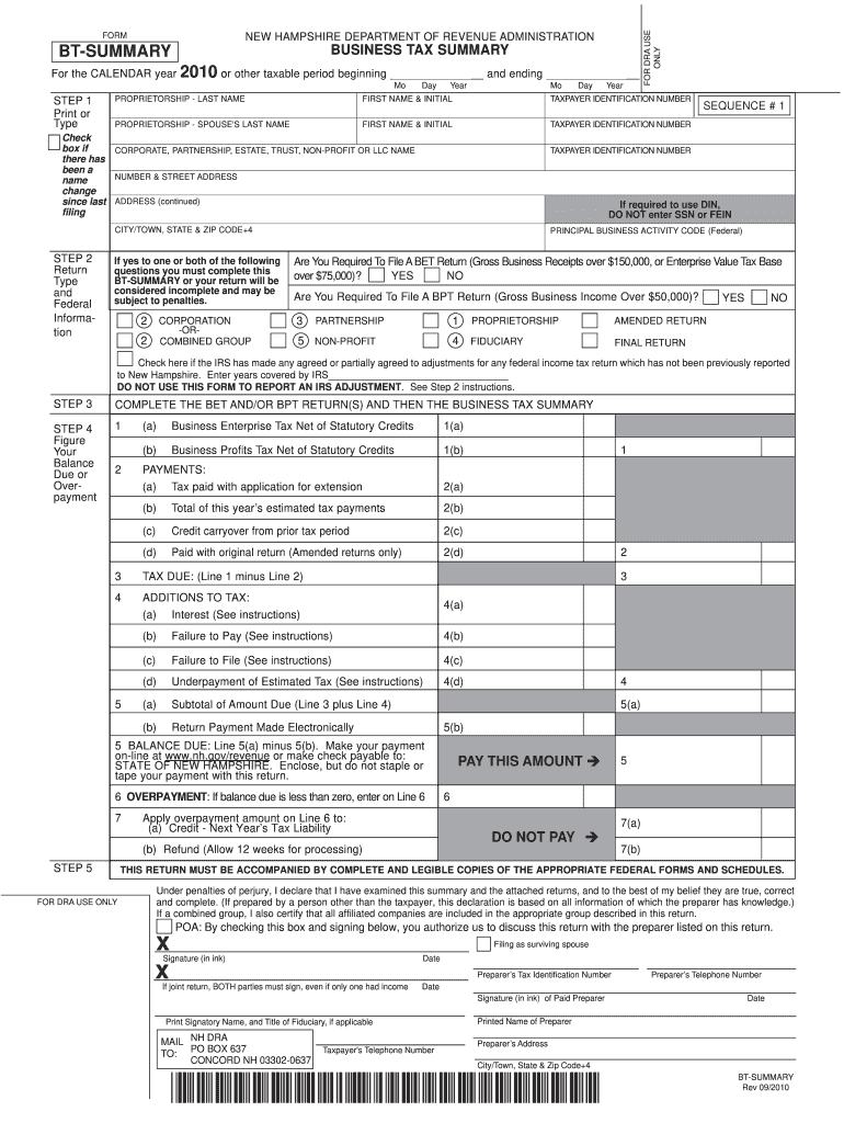 Get and Sign Nh Bt Summary  Form 2010