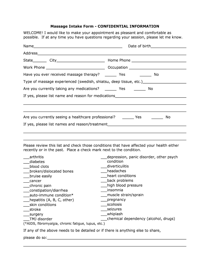 Get and Sign Printable Massage Intake Forms