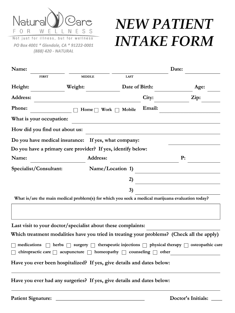 NEW PATIENT INTAKE FORM Natural Care for Wellness