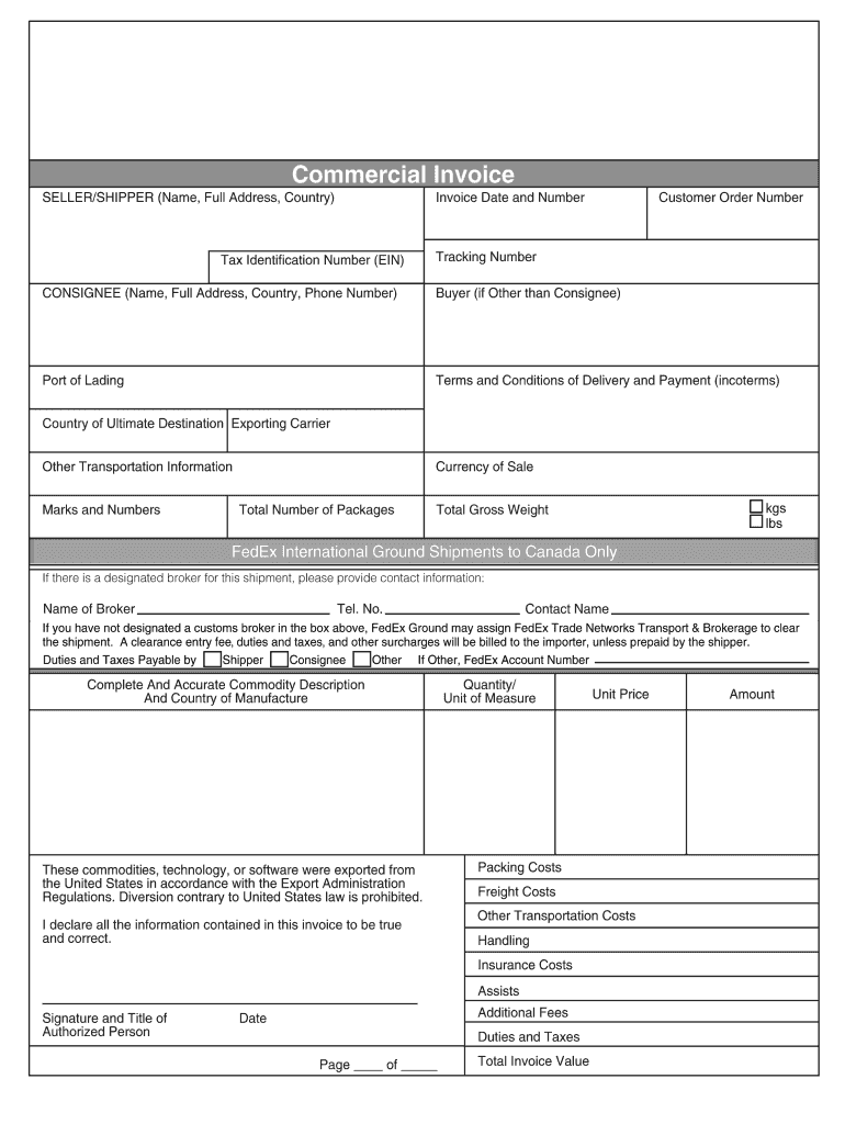 Fedex Commercial Invoice Canada PDF Fillable Form