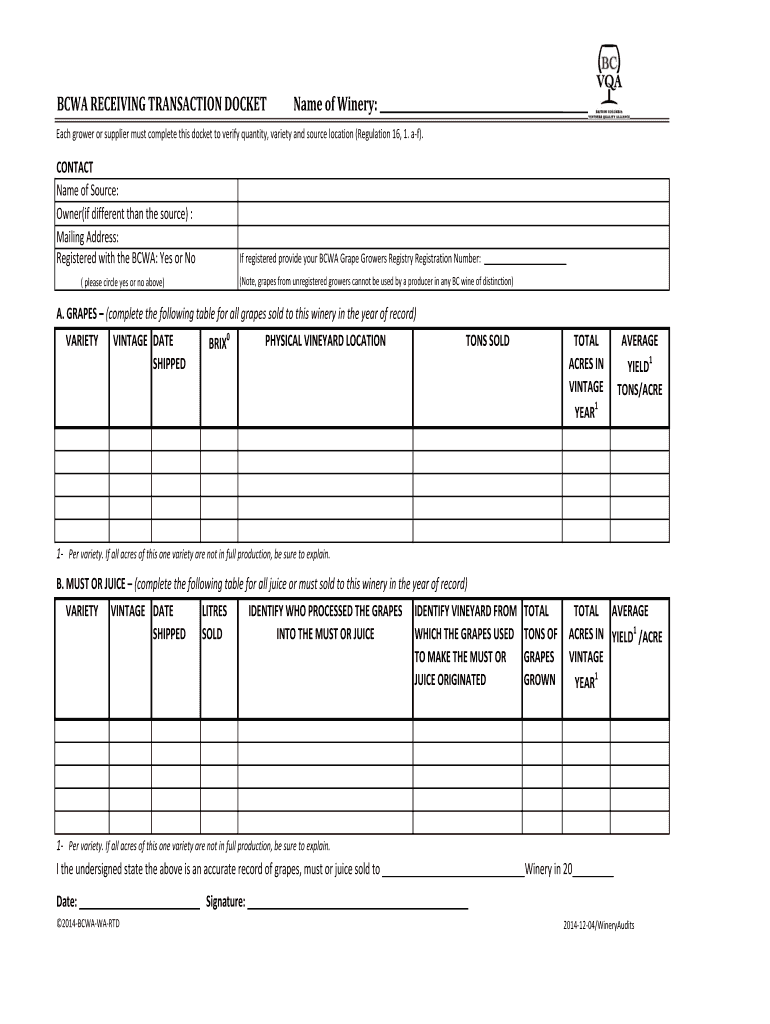 BCWA RECEIVING TRANSACTION DOCKET  Form