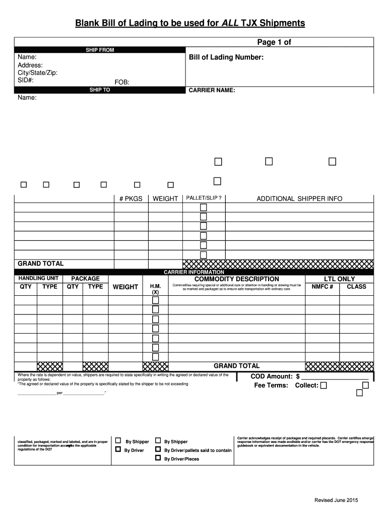  Blank Bill of Lading 2015-2024