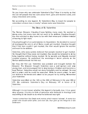 Valentine&#039;s Day Reading Comprehension PDF  Form