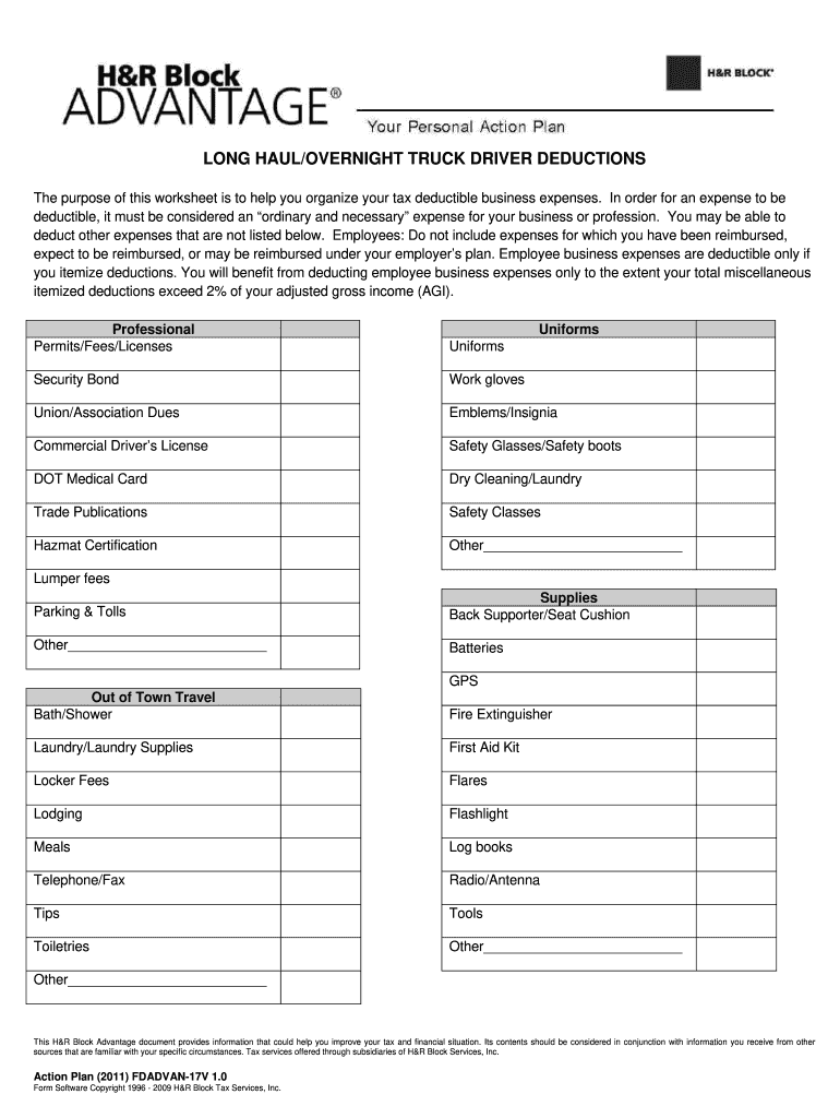 Get and Sign Truck Driver Tax Deductions Worksheet  Form