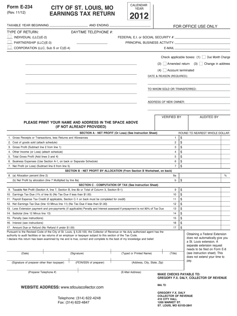  Form E 234 Plain Fillable  City of St Louis  Dynamic Stlouis Mo 2012