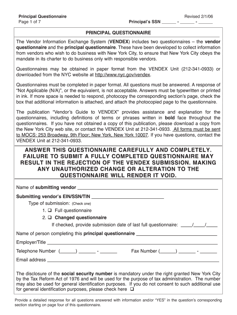  Vendex Questionnaire  Form 2006