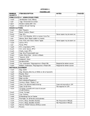 Army Packing List Example  Form