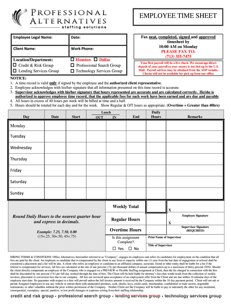 Fillable Timesheet  Form