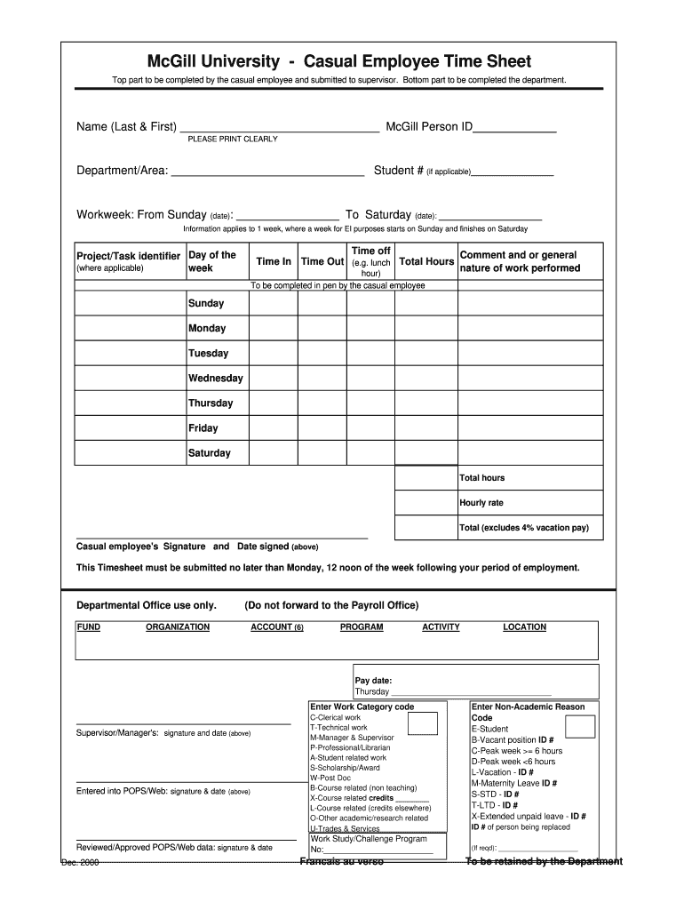  Timesheet Mcgill Casual Form 2000-2024