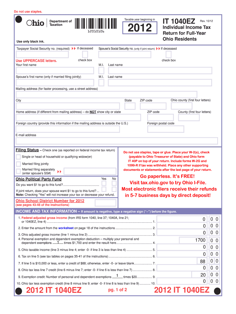  State of Ohio it 1040 Reset Form 2014