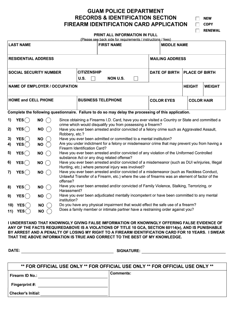 Guam Firearms ID Card Application  Form