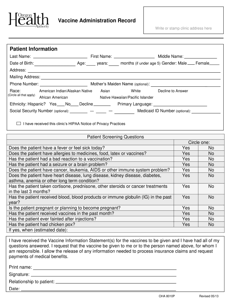  Vaccine Administration Record Patient Information  Public Health Oregon 2013-2024