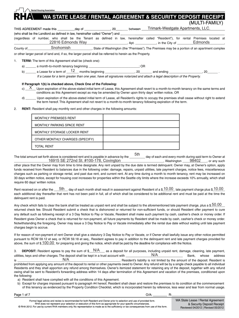  Washington State Residential Lease Rental Agreement and Security Deposit Receipt 2012-2024