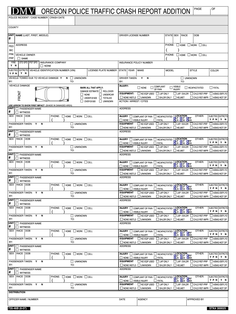  Oregon Dmv Crash Report Police Truck Bus Supplemental Form 2007
