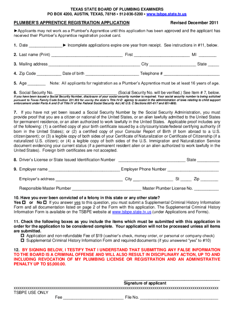 Texas Plumbing License Renewal Online 2011-2022: get and sign the form in seconds