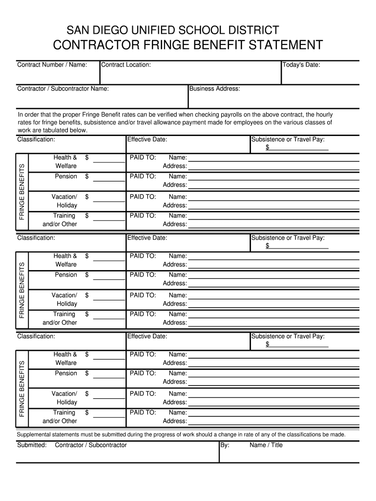 Contractor Fringe Benefit Statement  Form