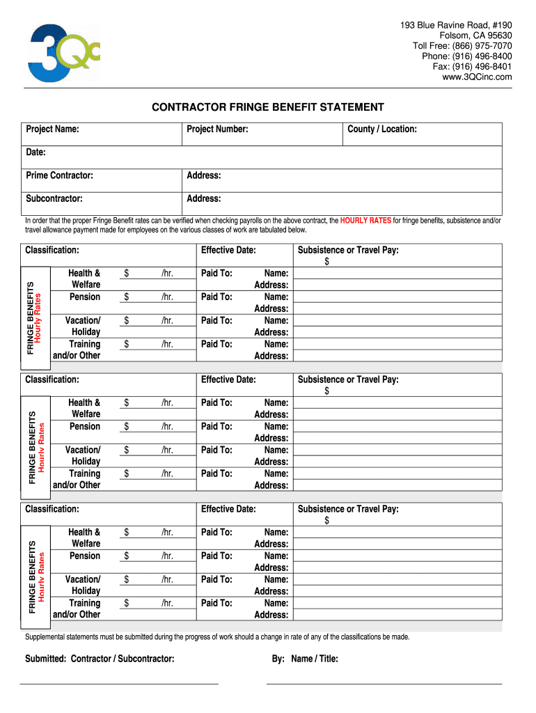 Contractor Fringe Benefit Statement Fillable  Form