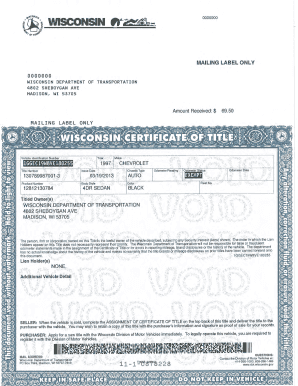 Sample of Wisconsin Certificate of Title for Vehicle  Form
