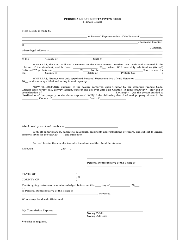 PERSONAL REPRESENTATIVE&amp;#39;S DEED Testate RootsWeb  Form