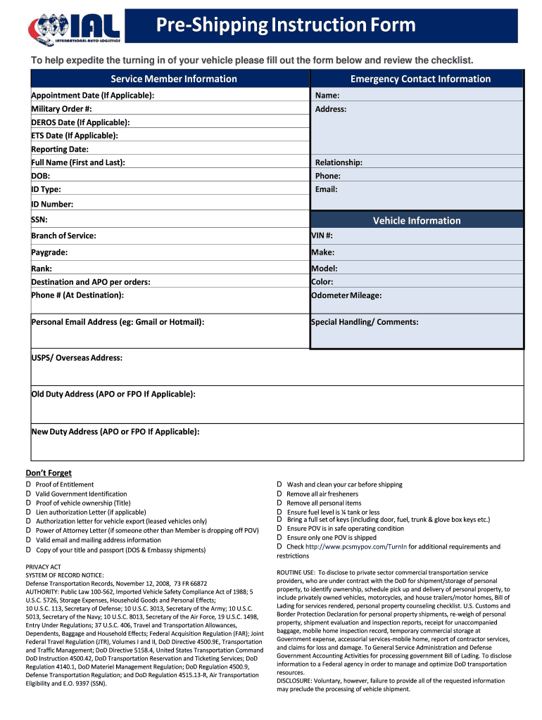 shipping instructions template