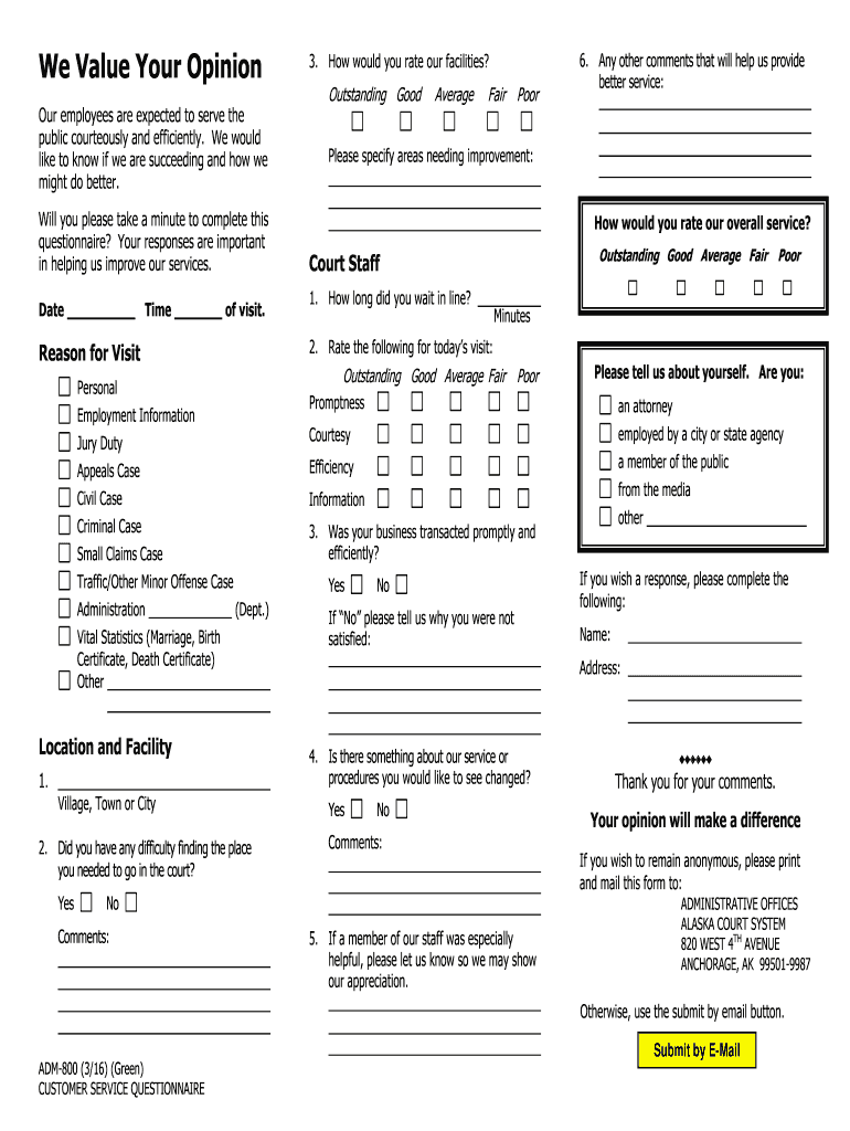 ADM 800 Customer Service Questionnaire Alaska Court Records  Form