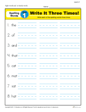 First Grade Spelling Words Week 1 K12 Reader  Form